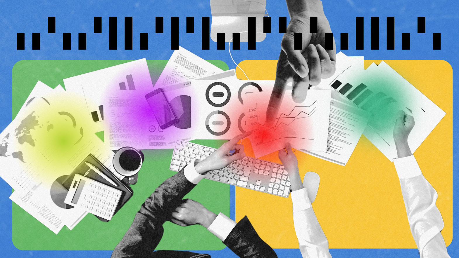 Business team analyzing charts and graphs on colorful background with hands pointing at data.