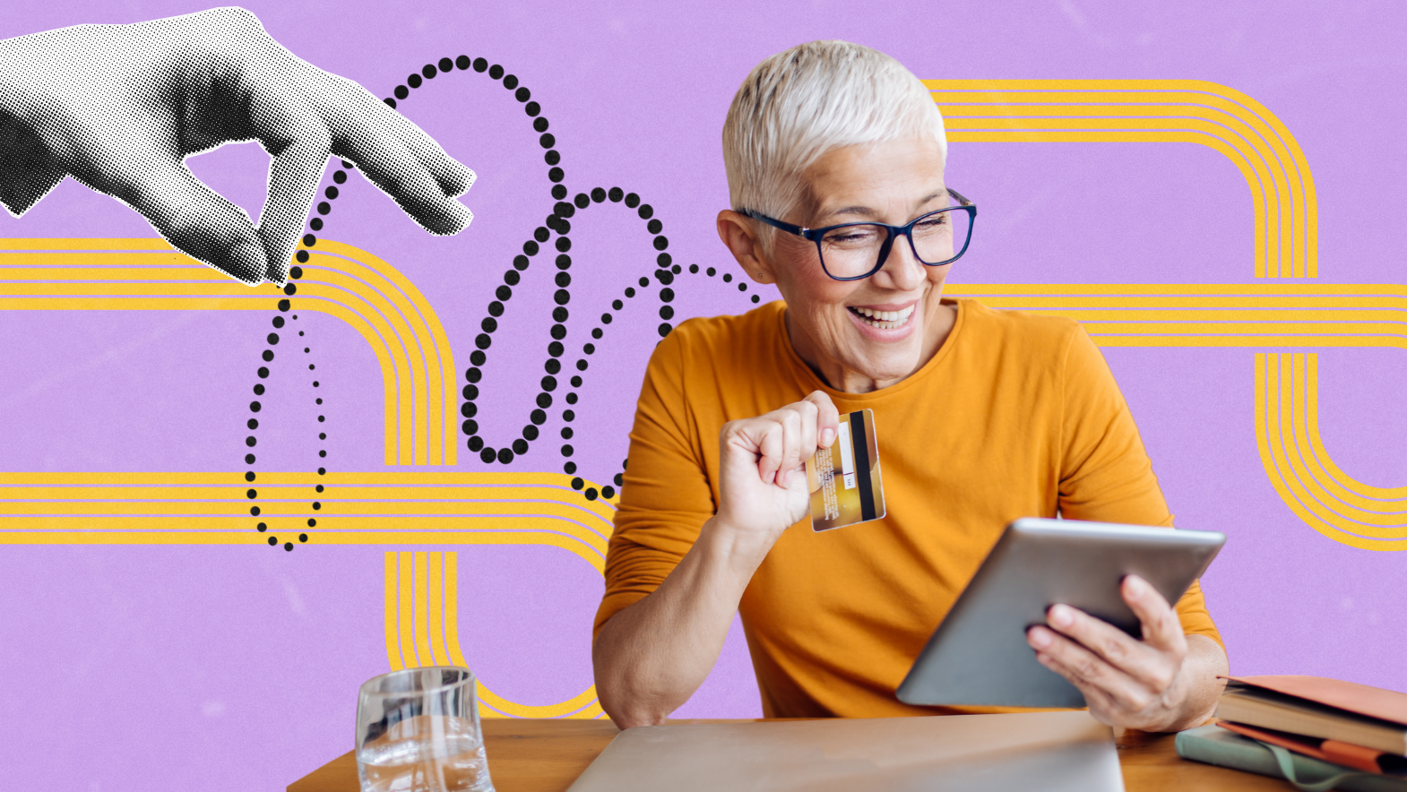 A joyful older woman with short white hair and glasses holds a credit card while shopping on a tablet at home. The vibrant background features playful graphic elements, including a stylized hand and looping yellow and black lines, suggesting motion and digital connectivity. The image conveys a fun, confident online shopping experience for seniors.